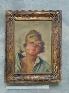 Antico dipinto olio di ragazzo con pipa 1900 circa firmato MORRO - Foto 1 di 10