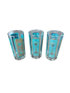 Vintage Glas, 3 Türkis und Gold Becher, Vintage Türkis Glas - Bild 1 von 4