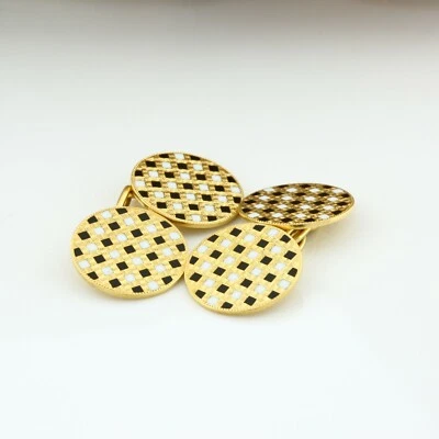 Gemelos vintage esmaltados azules y blancos de oro amarillo de 18 quilates alrededor de 1950 Foto 1 de 4