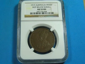 Australia 1 Penny Bronze Coin 1919 Dot Below Scroll, NGC AU55 BN, Combined S/H - Picture 1 of 6