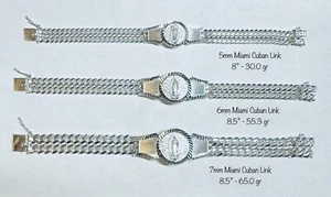 Pulsera de identificación de plata esterlina Miami eslabón cubano Nuestra Señora de Guadalupe (3 anchos) - Imagen 1 de 9