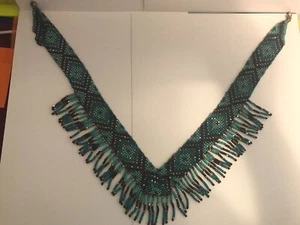 Native American Jewelry, FANCY FRINGY NECKLACE, TURQUOISE BLUE GOLD, HAND MADE - Picture 1 of 11