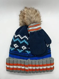 Cat & Jack Beanie Cap Hat & Mittens Set Kids 12-24 Months Lined With Pompom - Picture 1 of 5