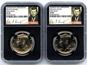 2014 P & D KENNEDY 50TH ANNIVERSARY NGC SP68 CLAD HIGH RELIEF HALF DOLLAR SET - Picture 1 of 2