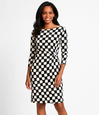 Talbots Womens Faux Wrap Jersey Sheath Dress Stretch Black White Petite Size S - Image 1 of 4