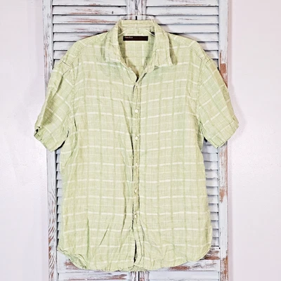 PERRY ELLIS Mens XXL Green Plaid Short Sleeve Linen Blend Button Up Shirt EUC - Image 1 of 4
