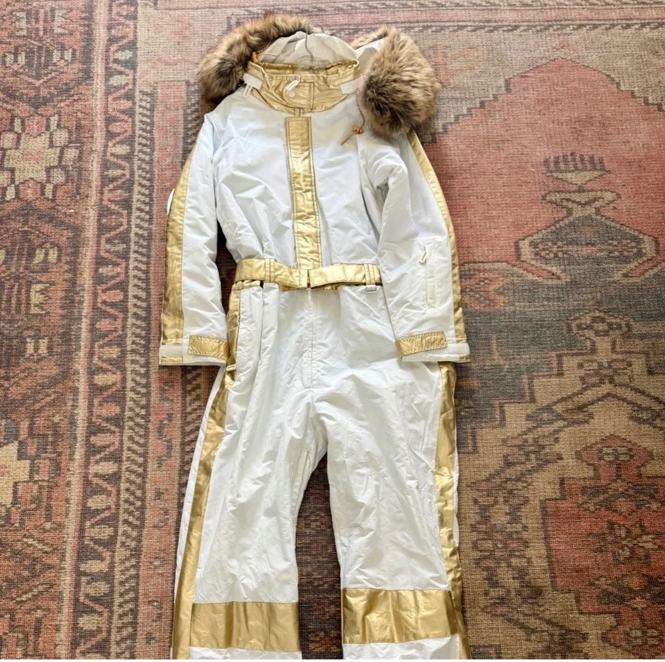 Tipsy Elves Snow Suit Size XL White and Gold with Fur Hood One Piece - Image 1 of 3