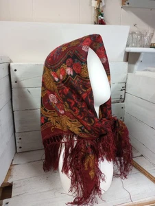 Bufanda Floral Vintage Mantón Borgoña Flecos Envoltura Boho Folk Gitano Pañuelo. - Imagen 1 de 9