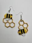 Dangly Handmade Honey Bee Resting On Honeycomb Earrings- Filament & Perler Beads
