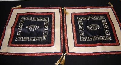 2 Asian Oriental Silk Embroidered Pillow Covers Gold Thread on Black, Red Silk - Image 1 of 4