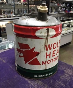 Vintage 5 Gallon Wolf's Head Heavy Duty Motor Oil Can DENTED TOP, EMPTY - Picture 1 of 13