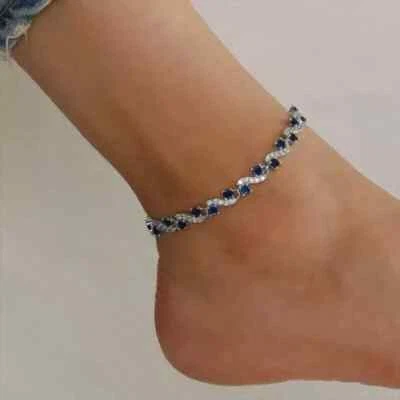 3Ct Round Lab Created Blue Sapphire Diamond Women's Anklet 14K White Gold Plated - Image 1 of 4