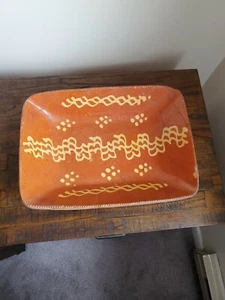 Rare Early 1800s Philadelphia Redware Slip Decorated Loaf Dish Coggled Edge HUGE - Picture 1 of 11