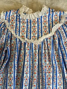 Lanz Of Salzburg Blue Red Floral Flannel Lace High Neck Gown Girls Sz 6 - Picture 1 of 8