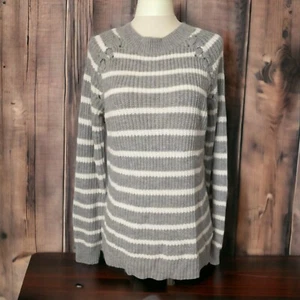 SO Striped Sweater M Lace Up Shoulder Nautical Beachy Gray White Pullover Cozy - Picture 1 of 17