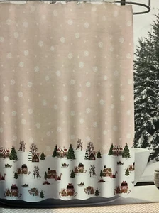 Casa de pan de jengibre escena de nieve tela Navidad cortina de ducha copos de nieve ❄️ árboles - Imagen 1 de 5