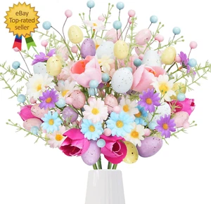 Easter Flower Picks 17Inch Silk Easter Flowers Artificial with Eggs Faux Tulip f - Picture 1 of 12