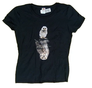 baby owl with big owl reflection women's t-shirt size M graphic black cotton - Picture 1 of 4