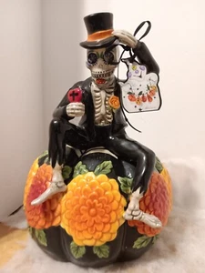 Blue Sky Clayworks Day of the Dead Skeleton Pumpkin Figurine by Heather Goldminc - Picture 1 of 13