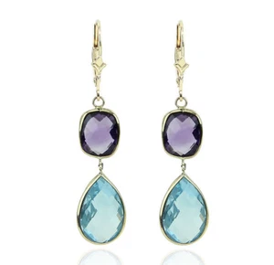 14K Yellow Gold Gemstone Earrings With Dangling Amethyst and Blue Topaz - Picture 1 of 3