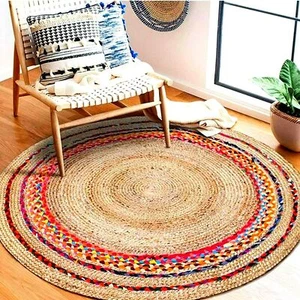 Round Rug Cotton & Jute Mix Carpet Modern Rustic Look Multicolor Designer Rug  - Picture 1 of 9