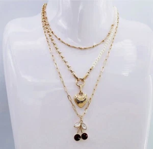 Juicy Couture Heart/ Red Crystals Cherry Charms Three Strand Statement Necklace - Picture 1 of 4