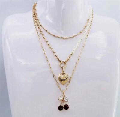 Berloques de cereja coração/cristais vermelhos de alta costura suculenta três fios colar declaração - Imagem 1 de 4