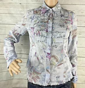 Express Semi-Sheer Blouse Small Pastel Blue Floral Ruffle Front Raw Edge Shirt - Picture 1 of 12