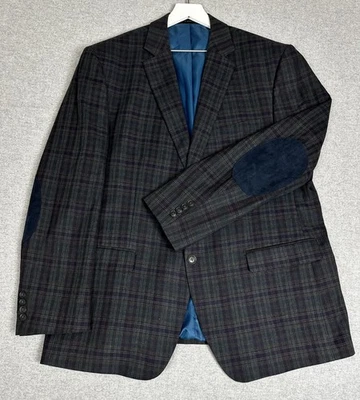 Perry Ellis Portfolio Blazer 运动外套男式 46R 灰色格子海军蓝肘贴 — 第 1/4 张图片