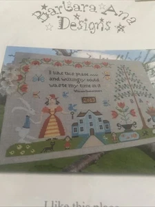 barbara ana designs cross stitch Chart I Like This Place Girl Bunny House Tree  - Picture 1 of 2