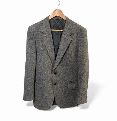 100% 羊毛灰色黑色雪佛龙西装外套肘贴 80 年代 Academia 男式 46R — 第 1/4 张图片