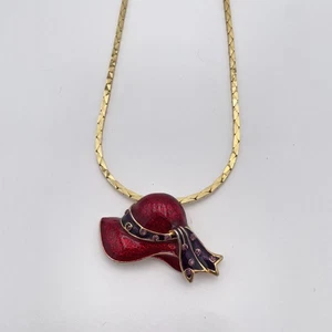 Vintage roter Hut Emaille Anhänger Halskette goldfarben lila Strass 18 Zoll Kette - Bild 1 von 7