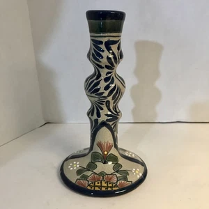Talavera Pottery SunFlower Candlestick With Cobalt Candle Holder Mexico 8” Tall - Picture 1 of 5