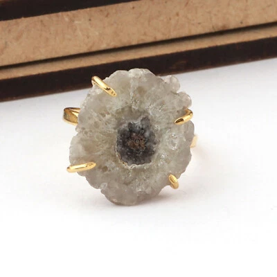 Genuino Gris Blanco Cuarzo Solar Chapado en Oro Juego de Puntas Hecho a Mano Anillo Ajustable Foto 1 de 3