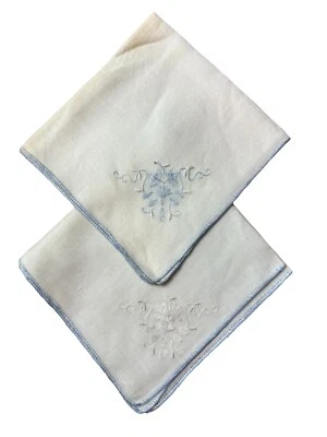 Vintage Set of 2 Embroidered Floral Hankies White And Blue 11”x 11” READ - Image 1 of 4