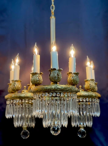 Antique French Victorian Crystal Gasolier Gilt Brass Bronze Chandelier Cover