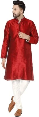 Conjunto de pijama Kurta de seda roja para hombre para celebración india Eid formal 2 piezas Foto 1 de 4
