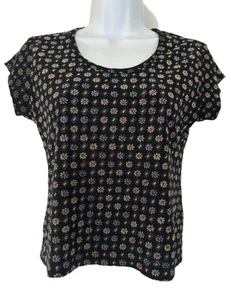 XHILARATION Women's Size S Short Sleeve Black Floral Round Neck Knit Top A-8 - Picture 1 of 11