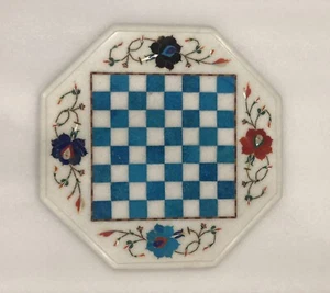 12" White Marble Chess Table Turquoise Multi Stone Floral Inlay Art Game Set Dec - Picture 1 of 10