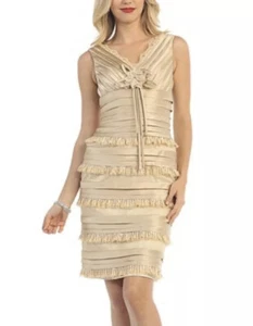 NWTS Shealth Dress Tier Ruffled  Champagne Colored With Scarf SIze 12 - Picture 1 of 12