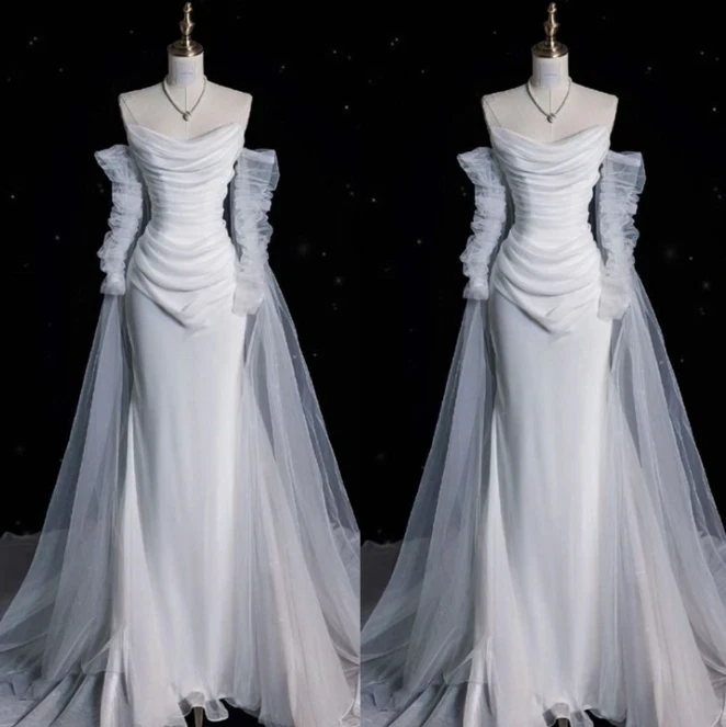 Vestidos de novia de sirena de satén con hombros descubiertos manga larga tren de barrido vestidos de novia Foto 1 de 4