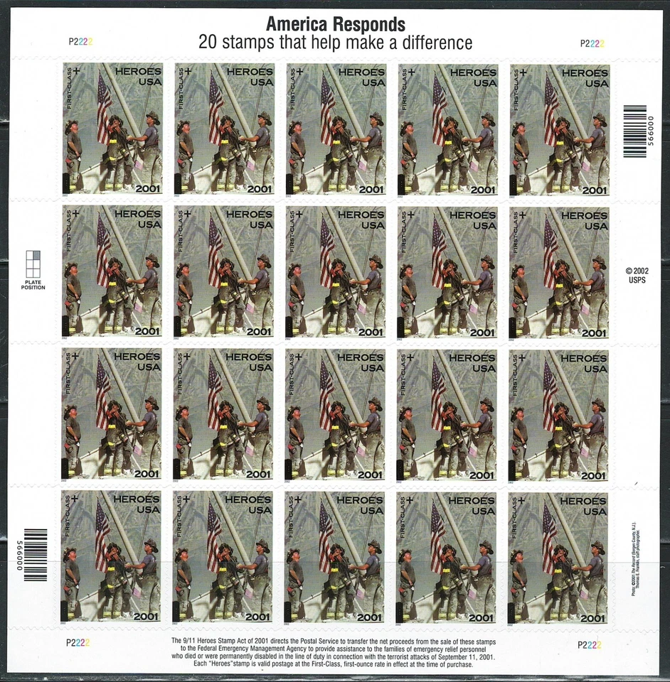 Mint US 2002 Semipostal - Heroes of 2001 Pane of 20 Stamps Scott# B2 (MNH) - Image 1 of 1