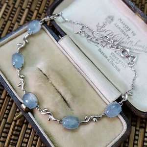 925 Sterling Silver Tennis Bracelet, Genuine Aquamarine Gemstones, Adjustable - Picture 1 of 7