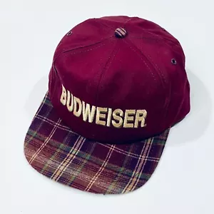 Budweiser Vintage Trucker Hat Snapback Burgundy Plaid Hat VTG 1996 - Picture 1 of 4