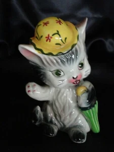 SELTEN Vintage ROYAL SEALY Miss Mr Kitty gelber Hut grüner Regenschirm VASE PFLANZGEFÄSS 6" - Bild 1 von 10