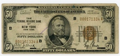 1929 $50 FIFTY DOLLAR BILL FEDERAL RESERVE NEW YORK JF 218 - Image 1 of 2