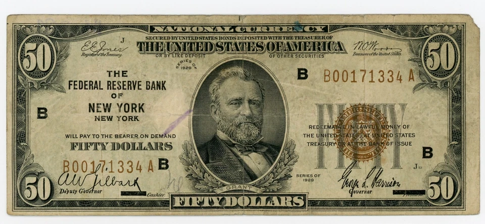 1929 $50 FIFTY DOLLAR BILL FEDERAL RESERVE NEW YORK JF 218 - Image 1 of 2