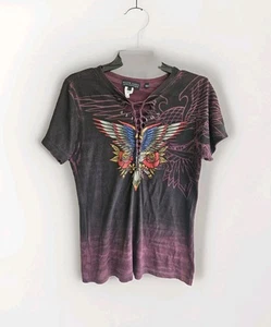 Camiseta Affliction L Mujer Live Fast Eagles Daga Rosa Con Cordones Cuello en V Gótica - Imagen 1 de 7