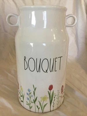 Rae Dunn Bouquet Spring Flowers Milk Jug Ceramic Vase White With Handles - Image 1 of 4