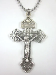 Collar Perdón Crucifijo 2.25" Plata Italiana Sobre Acero Inoxidable Cadena Bola 24" - Imagen 1 de 3